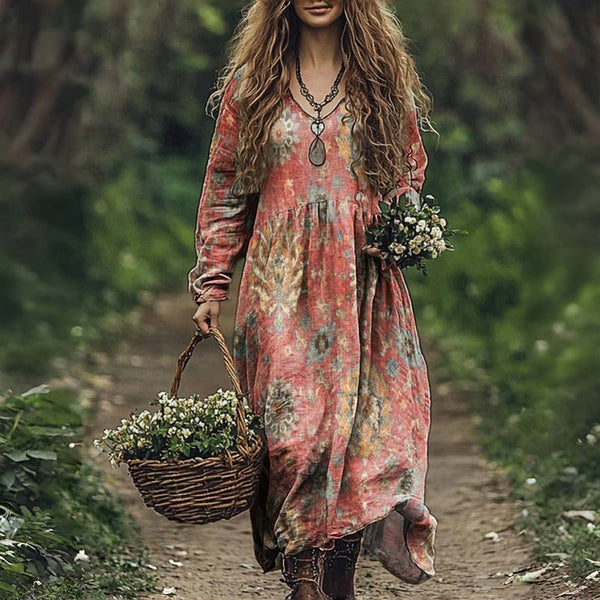 Boho-Prärie-Maxikleid | Erdtöne & Ethno- Druck | Naturspaziergänge & legere Tage | Weich fließender Stoff