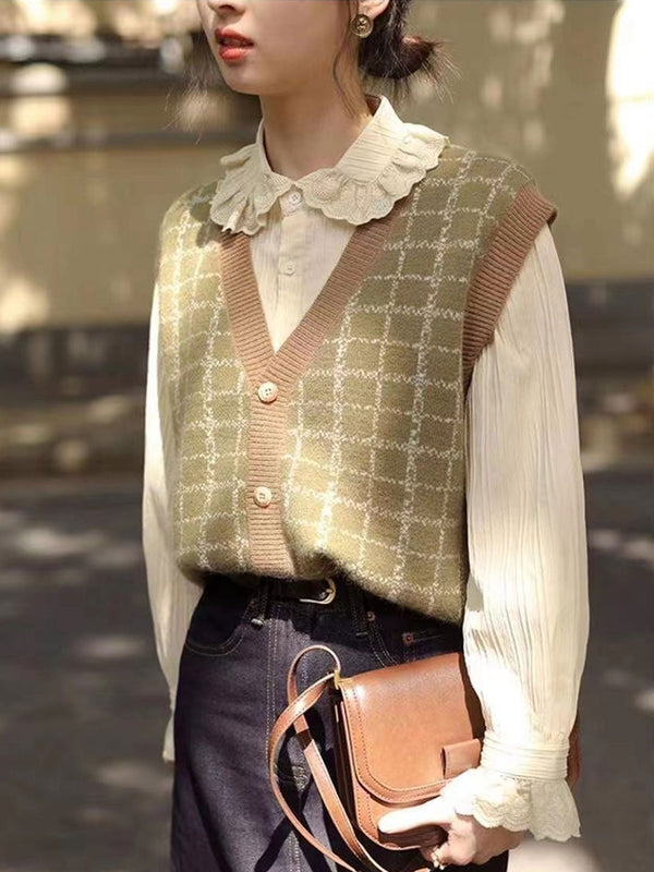 Karierte Strickweste mit V-Ausschnitt | Vintage & Stilvoll | Perfekt für Layering-Looks