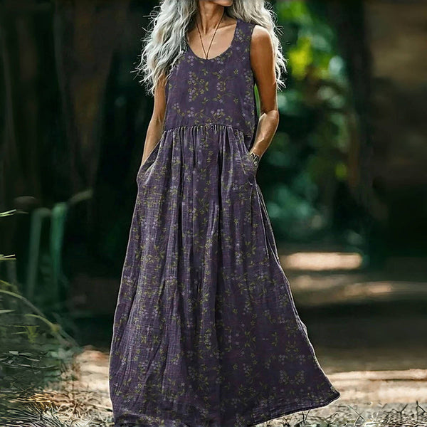 Boho Maxikleid mit feinem Blütenprint | Ärmellos & Seitentaschen | Natur & Freizeit | Luftiger Baumwollmix