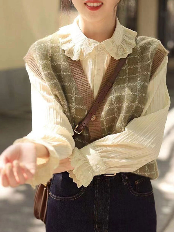 Karierte Strickweste mit V-Ausschnitt | Vintage & Stilvoll | Perfekt für Layering-Looks