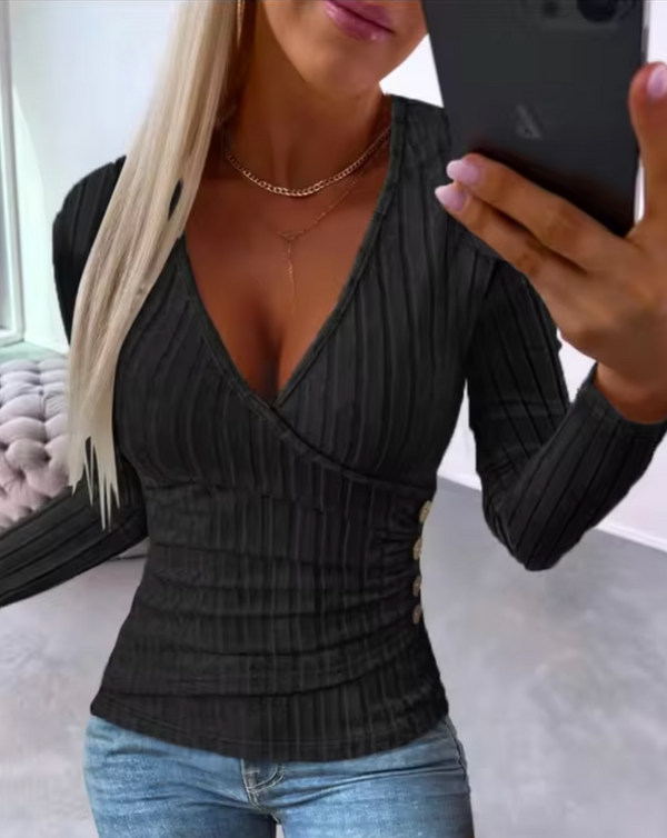 Wickelshirt mit V-Ausschnitt | Figurbetont | Perfekt für Freizeit und Büro | Rippstrick-Design