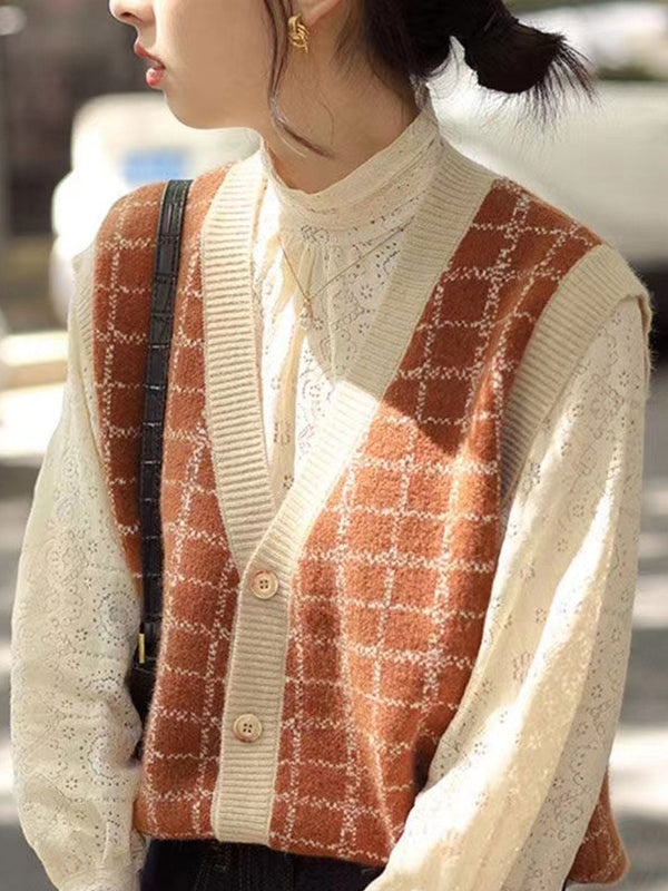 Karierte Strickweste mit V-Ausschnitt | Vintage & Stilvoll | Perfekt für Layering-Looks