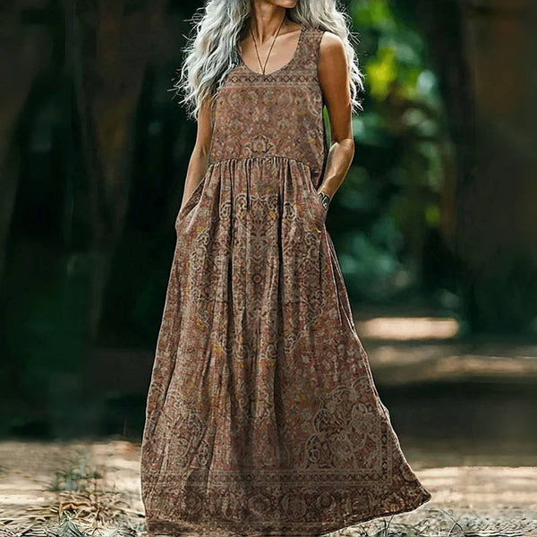 Boho Maxikleid mit Ethnomuster | Ärmellos & Gummizug in der Taille | Sommer & Natur | Weicher Viskosemix