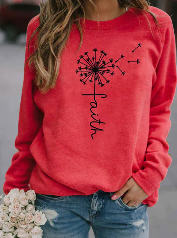 Sweatshirt mit Löwenzahn-Print und "Faith"-Schriftzug | Lässiger Stil | Perfekt für Freizeit und Alltag