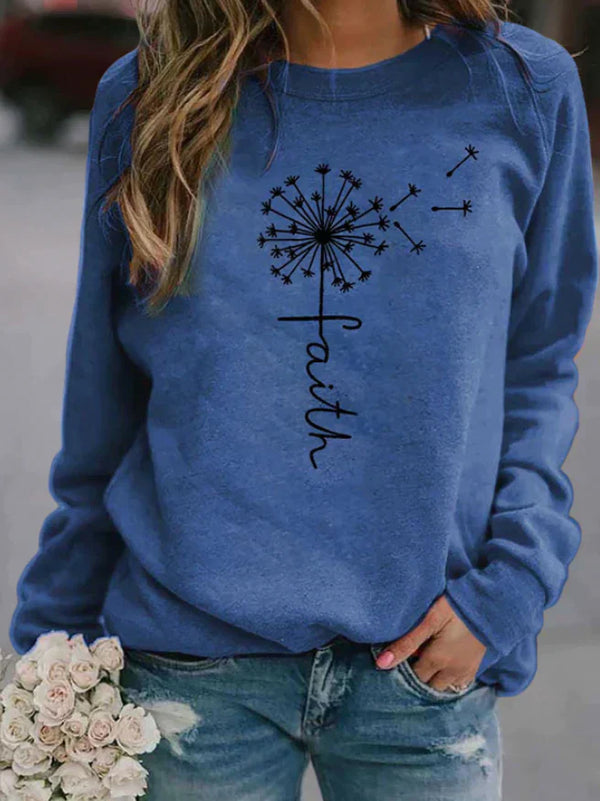 Sweatshirt mit Löwenzahn-Print und "Faith"-Schriftzug | Lässiger Stil | Perfekt für Freizeit und Alltag