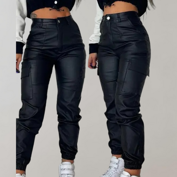 High Waist Cargo-Lederlook Hose | Glanz-Finish | Urban Street Chic