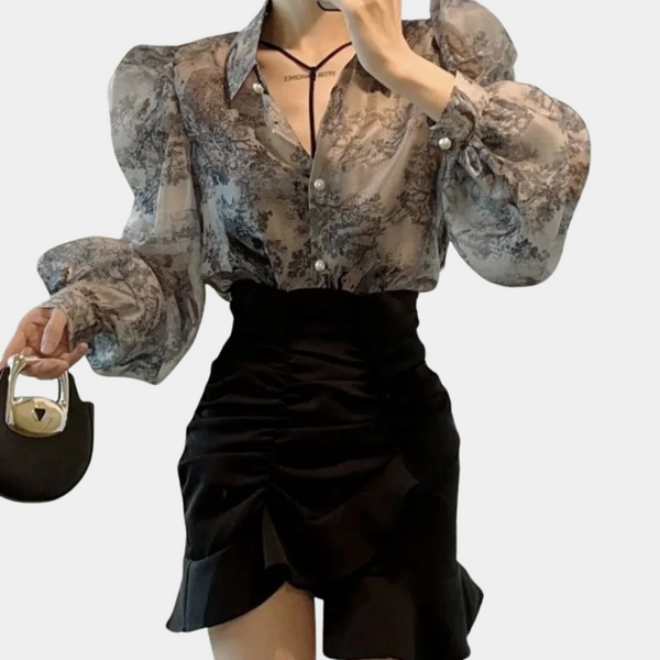 Transparente Bluse mit Blumenprint & Puffärmeln | Elegant & Extravagant | Fashion-Statement mit Glam-Faktor