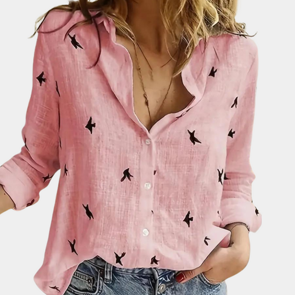 Leinenbluse mit Vogelmuster | Legere Knopfleiste | Luftiger Alltagslook