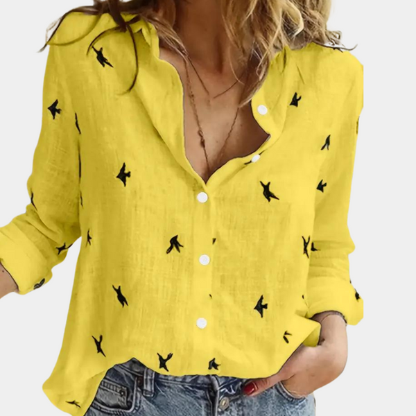 Leinenbluse mit Vogelmuster | Legere Knopfleiste | Luftiger Alltagslook