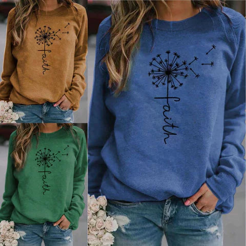 Sweatshirt mit Löwenzahn-Print und "Faith"-Schriftzug | Lässiger Stil | Perfekt für Freizeit und Alltag