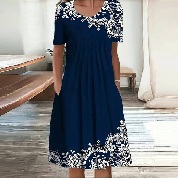 Kleid mit Spitzenmuster-Print | Faltenwurf & Taschen | Alltag & Anlass | Weiches Viskosegewebe