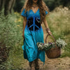 Boho Maxikleid mit Peace-Zeichen | V-Ausschnitt & Schlitz | Festival & Natur | Luftiger Leinenmix