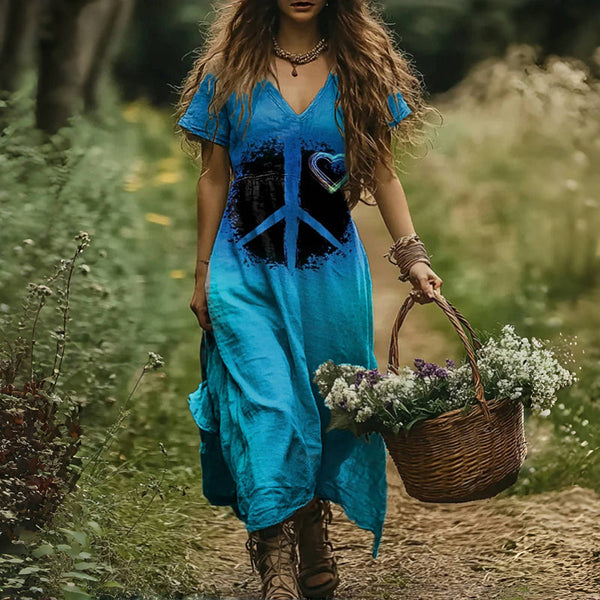 Boho Maxikleid mit Peace-Zeichen | V-Ausschnitt & Schlitz | Festival & Natur | Luftiger Leinenmix