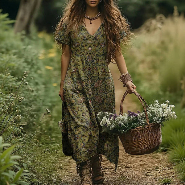 Maxikleid mit Vintage-Blumenmuster | Boho & Romantisch | Natur & Festival | Fließender Viskosestoff