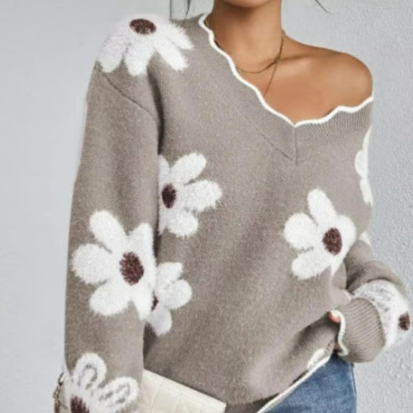 Strickpullover mit Blumenmuster und V-Ausschnitt | Feminin und Bequem | Perfekt für Freizeitlooks