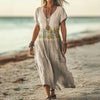 Maxikleid mit Sonnenblumenmuster | V-Ausschnitt & Kurzarm | Strand & Sommer | Luftiger Leinenmix