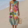 Sommerkleid | Künstlerischer Print | Strandspaziergang | Leichter Leinenmix